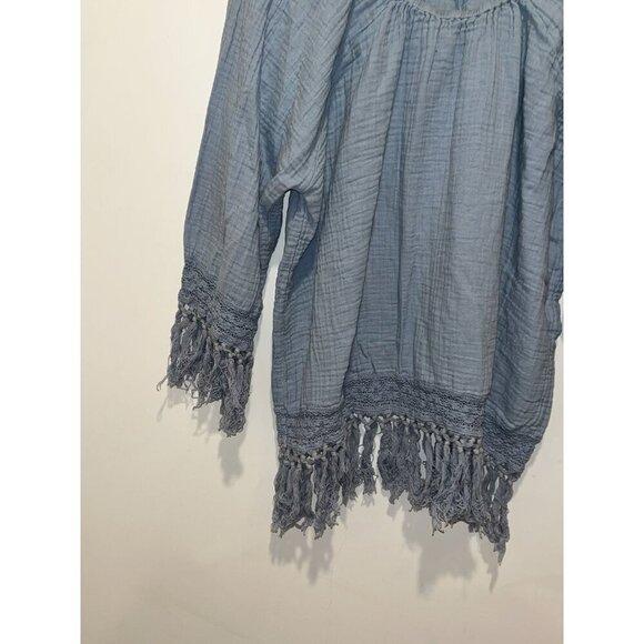 Ashley Stewart Light Blue Fringe Hem Boho Peasant Tunic Top Women's Size 14/16 - Picture 3 of 9